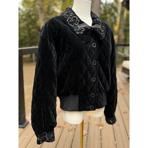 Escada by Margaretha Ley Black Embellished Quilted Velvet Bomber Jacket Sz 10 - Picture 5 of 13